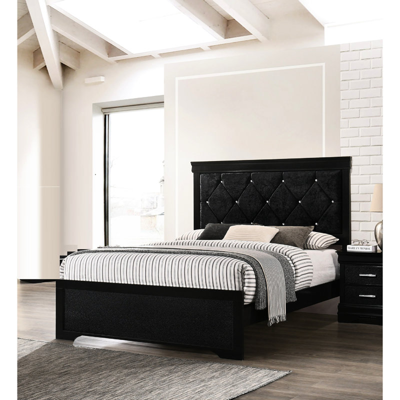Lit à panneau double moderne avec tête de lit tapissier noire et capitonnage à boutons éblouissants pour une finition de chambre à coucher douce et scintillante