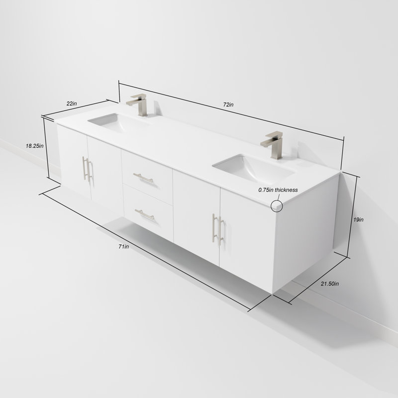 Geneva 72" Wall-Mounted Double Bathroom Vanity Set, Glossy White, White Cultured Marble