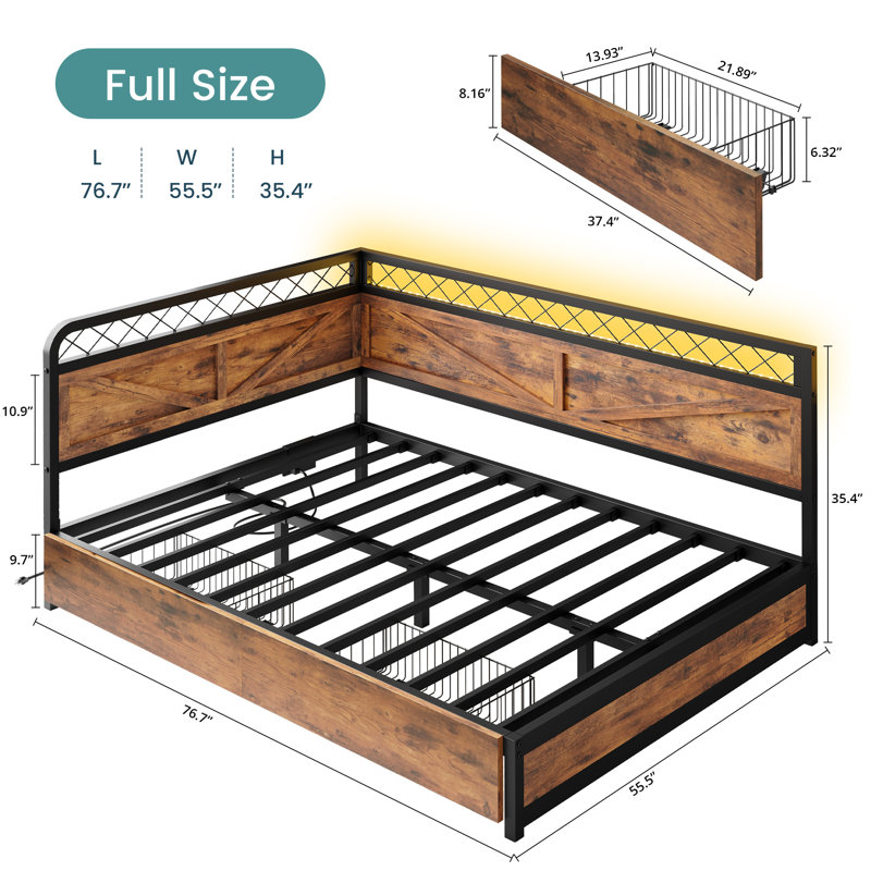 Industrial Corner Daybed With LED Lights & Storage Drawer - Twin Size, 900Lb Capacity, Full, Industrial Brown