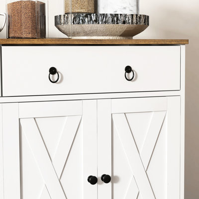 Sideboard Buffet With 2 Drawers, Storage Cabinets, 4 Doors, Adjustable Shelves, White, Wood Grain Top Cabinets And