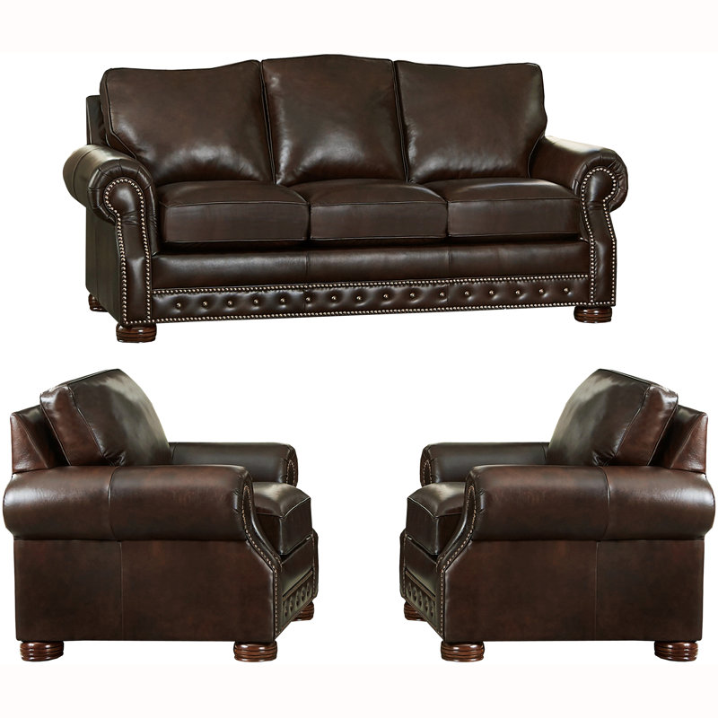 Ensemble de salon en cuir 3 pièces Pelaez, Cuir véritable brun chocolat