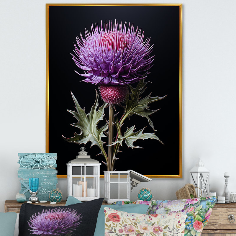 Fleurs de chardon noir II - chardon, art mural, Cadre flottant doré, H 40 po x l 30 po x P 1,5 po