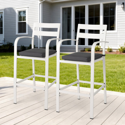 Outdoor Bar Stools Set Of 2 With Grey Cushion，White Frame