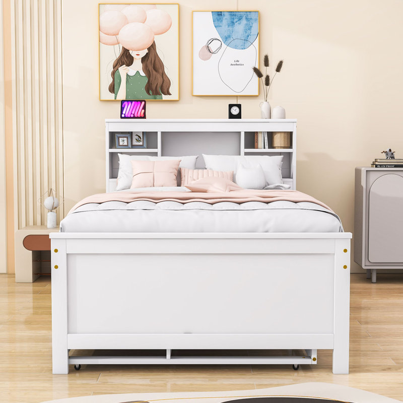 Lit plateforme en bois Brinna avec 3 tiroirs, tête de lit, gigogne simple et ports USB, Simple, Blanc