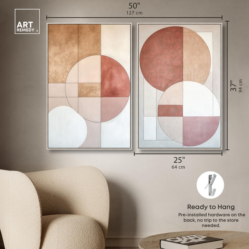 Modernist Circles Duo Canvas Print Boho Beige Wall Art Set by Art Remedy, Black Frame, 10 x 15, H 37 po x l 25 po