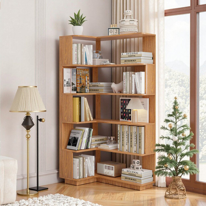 5-Tier L-Shaped Corner Bookcase: Space-Saving Storage Solution, Dark Oak