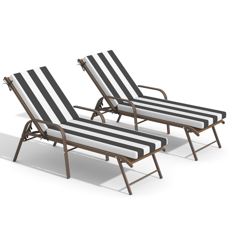 Chaises longues d'extérieur réglables en aluminium avec coussins amovibles (ensemble de 2), Beige, Brun / brun