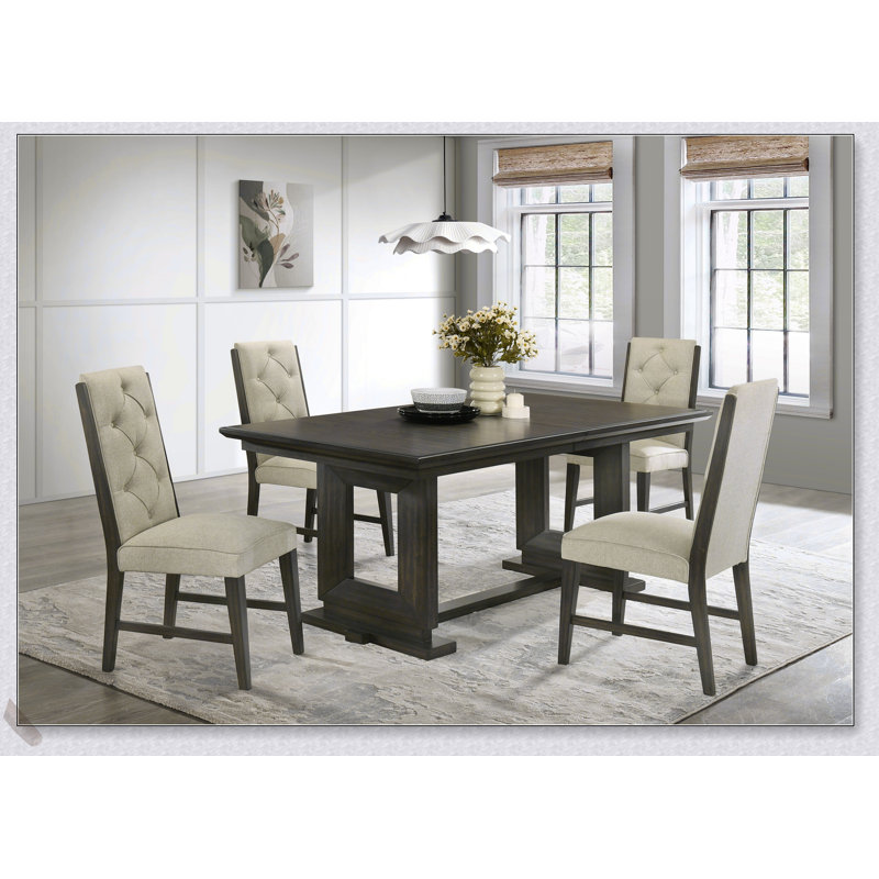 Ensemble de table de salle à manger extensible 5 pièces avec base à tréteaux, chaises rembourrées beiges et finition espresso moderne pour les maisons contemporaines
