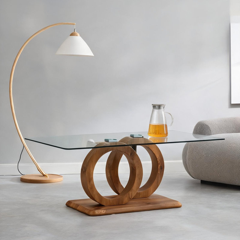 Table basse rectangulaire en verre avec base en bois naturel, centre moderne de 47 pouces pour le salon