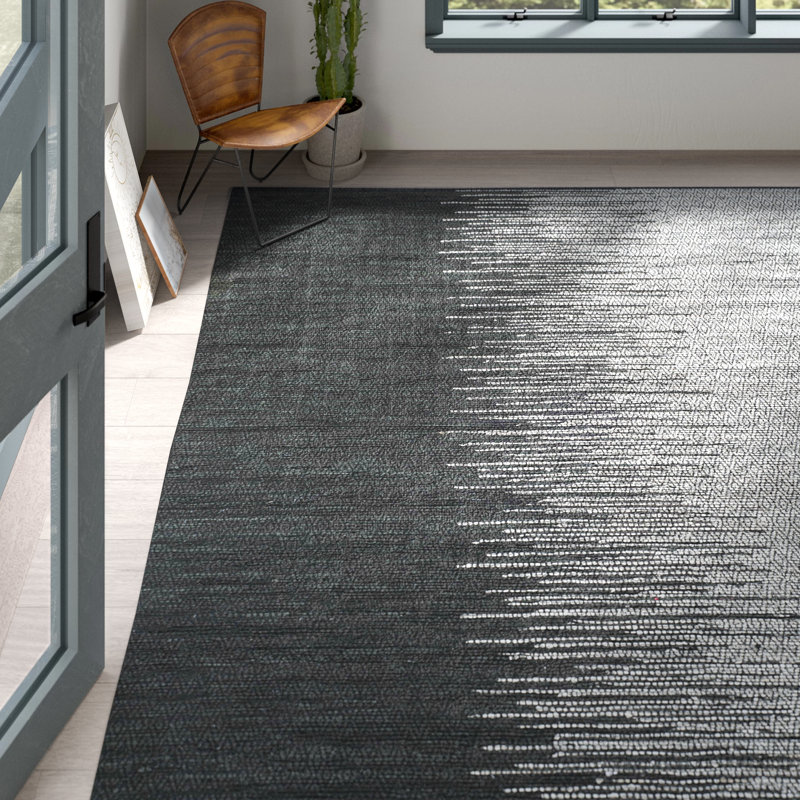 Exley Vintage Leather Hand Woven Leather/Cotton Geometric Rug in Light Gray/Black, Rectangle 4' x 6'