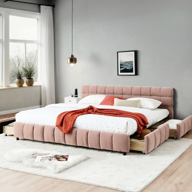 Structure de lit très grand en chenille rose avec tête de lit, structure et tiroirs de rangement moelleux en chenille épaisse moderne