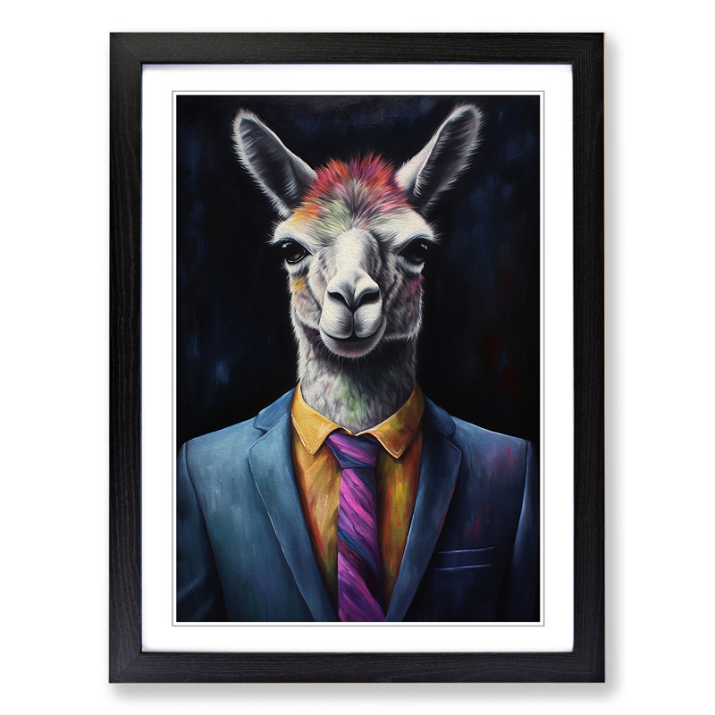 Llama In A Suit Painting No.2 - Single Picture Frame Print on Wood, 64cm H x 46cm W x 2cm D, Black Framed