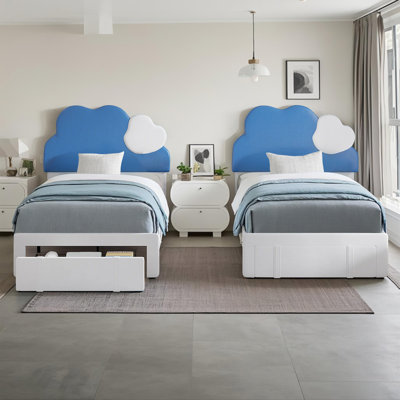(Ensemble de 2) Lit plateforme simple tapissier avec tête de lit en forme de nuage et tiroir de rangement sous le lit