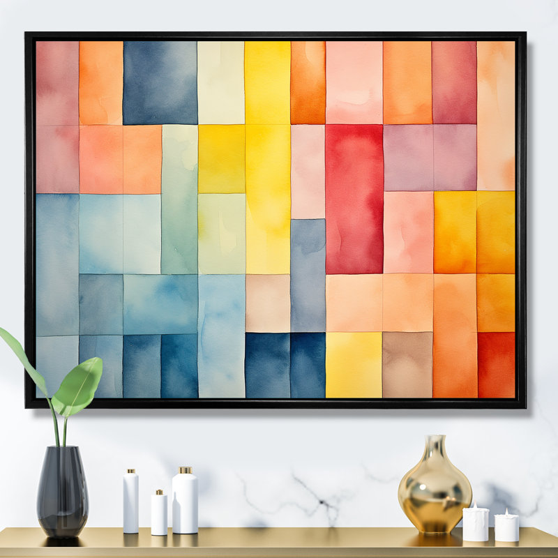 Mid-Century Pastel Color Cubes II - géométrique, art mural, Cadre flottant noir, H 30 po x l 40 po x P 1,5 po