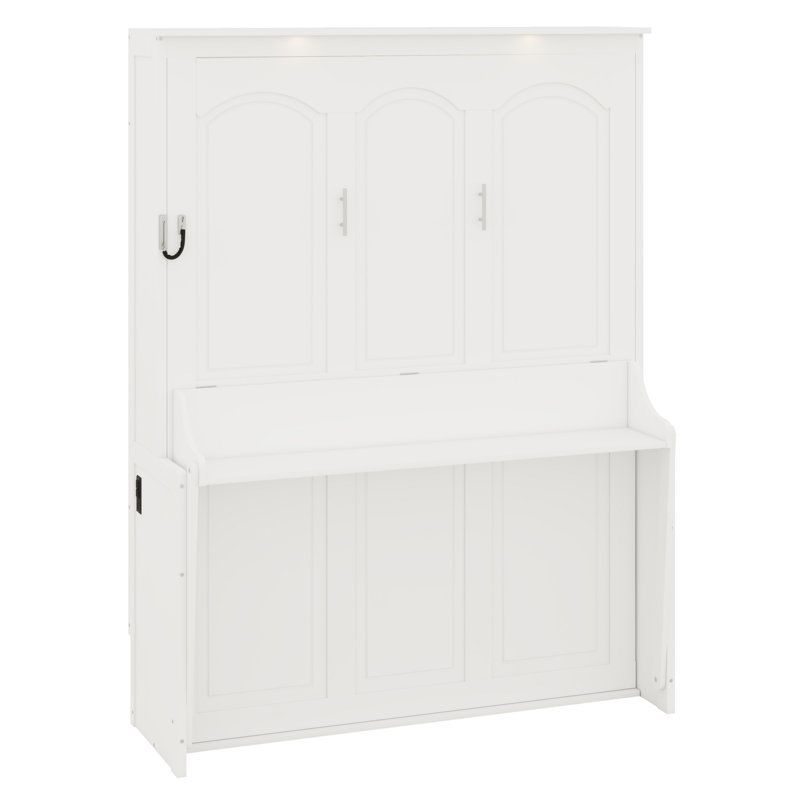 Lit escamotable avec bureau, lumières DEL et station de charge USB, Blanc