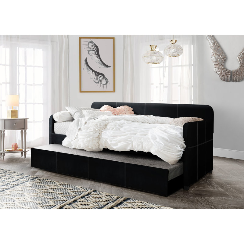 Tiara Upholstered Polyester Daybed with Trundle Bed, Black