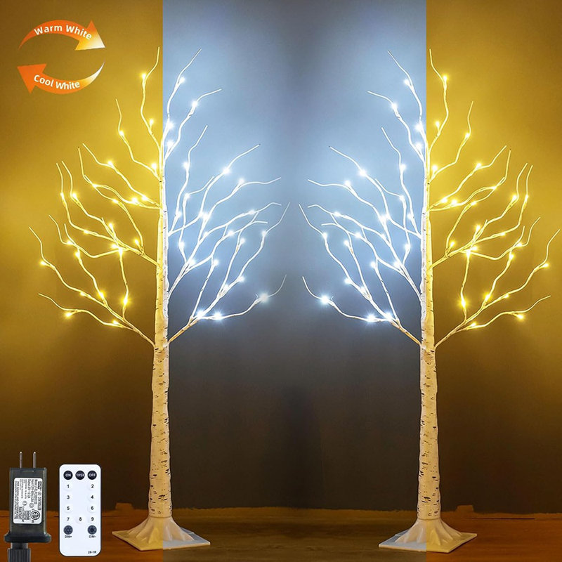 Set Of 2 Lighted Birch Tree, 48LED Birch Tree Lights,Artific...