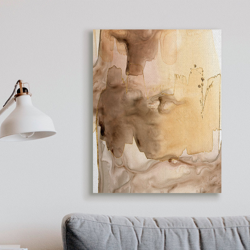 Abstrait de peinture mouillée, coups d'aquarelle brune, H 40 po x l 30 po, Toile tendue