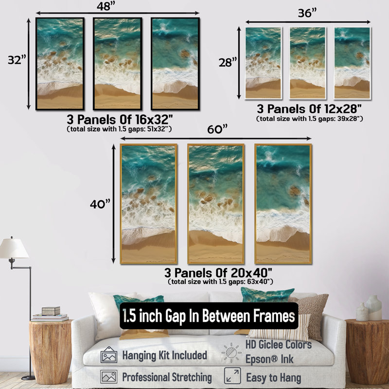 Vue aérienne des vagues tranquilles 1 - plage, art mural, Cadre flottant noir, H 28 po x l 36 po x P 1 po