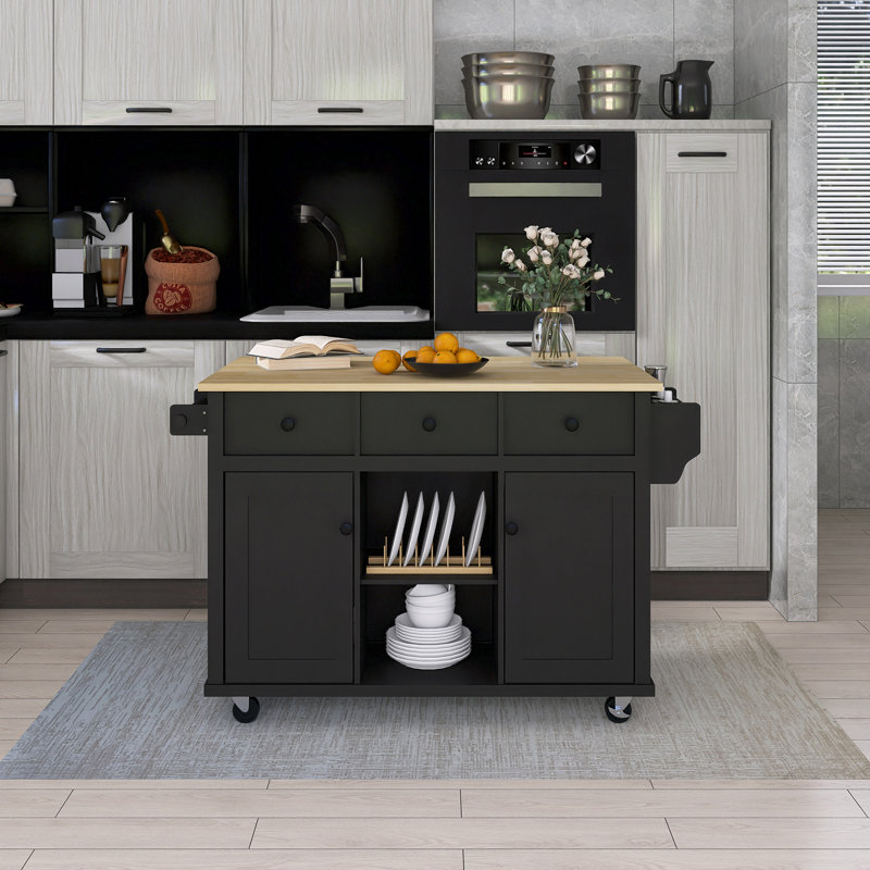 53.1" Rubber Wood Drop-Leaf Countertop Kitchen Cart With 5 Wheels With Storage Cabinet And 3 Drawers, Black
