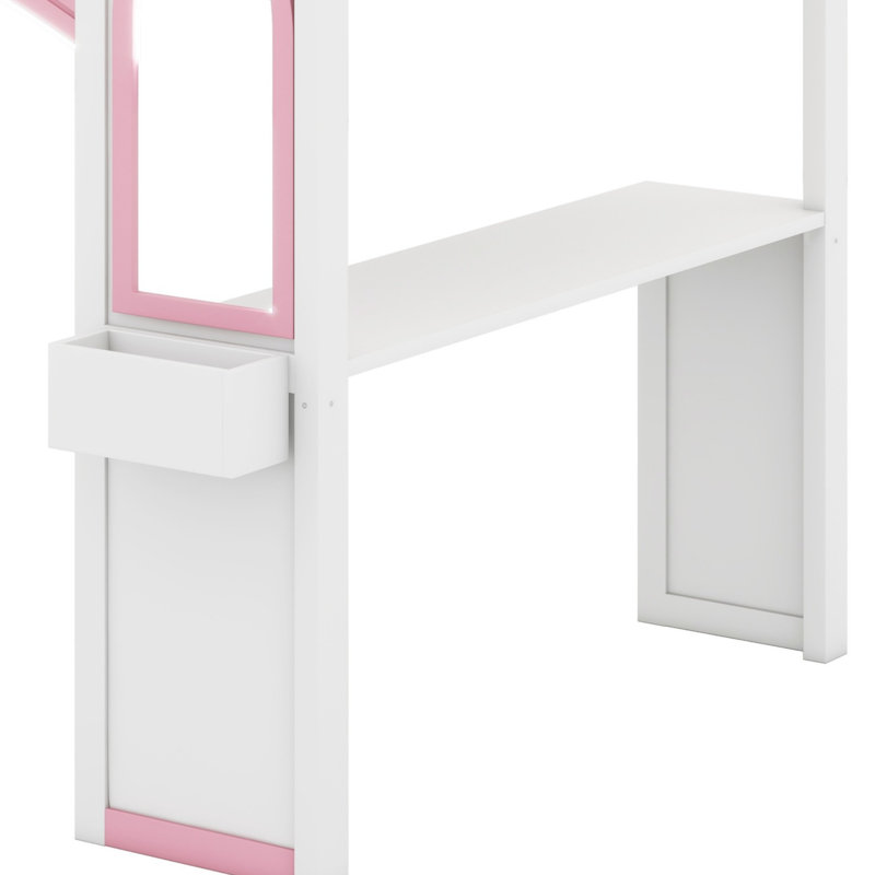 Lit mezzanine en bois Castle avec rangement pour escalier intégré, bureau d'étude et éclairage à DEL, Blanc + rose clair