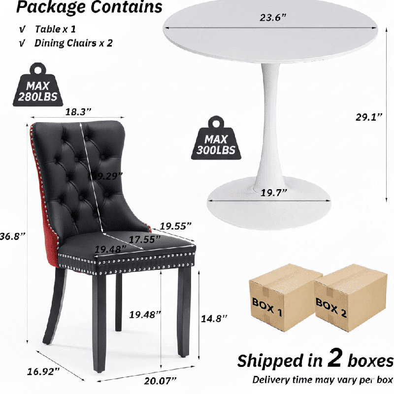 Ensemble de table de salle à manger rond avec 2 chaises, Blanc, Noir / Rouge