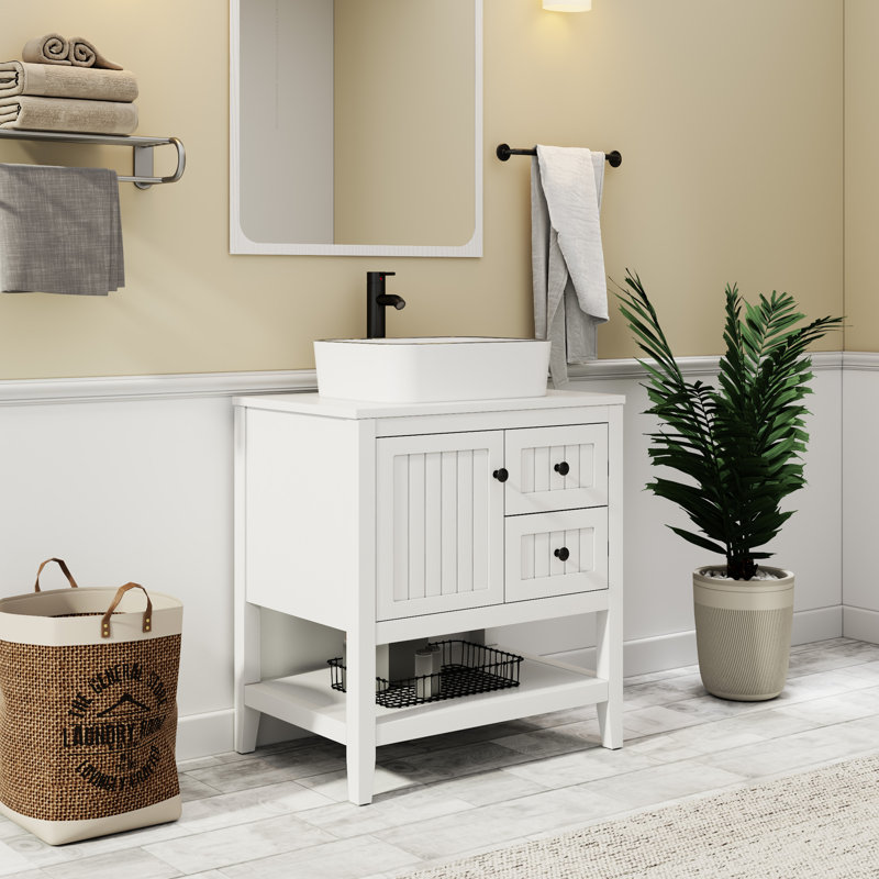 Sharee 30" Single Bathroom Vanity Set With Vessel Sink, Faucet And Drain, Assembly Required, White