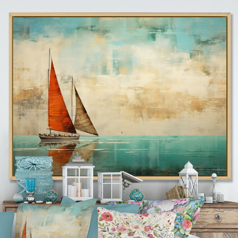 Bateau abstrait côtier III - reproduction d'art sur toile, Cadre naturel flottant, H 12 po x l 20 po x P 1 po