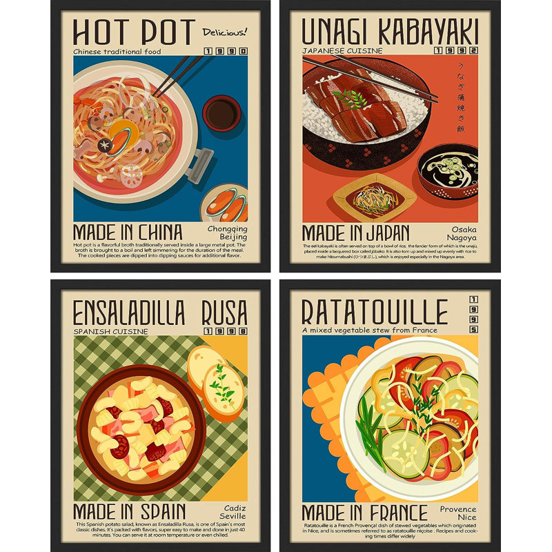 «Chinese & Japanese Food», reproduction encadrée de 4 pièces, Cadre noir, H 14 po x l 11 po x P 1 po