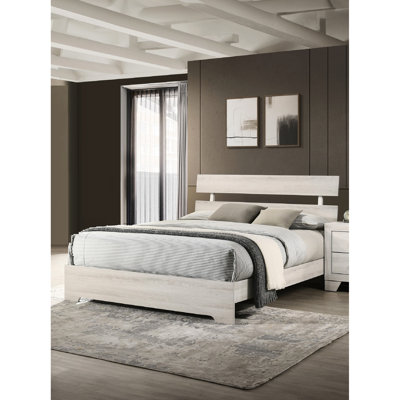 Lit plateforme contemporain très grand, cadre de lit à profil bas au fini blanc délavé, fabriqué en bois massif avec une seule pièce de chambre à coucher, placages