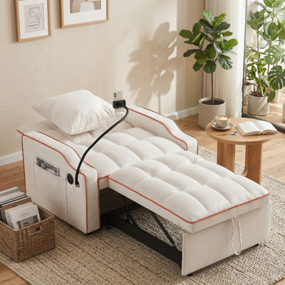 34" Wide Tufted Velvet Convertible Sleeper Chair with USB Ports Pull Out Lounge Chair Bed For Small Space,Beige
