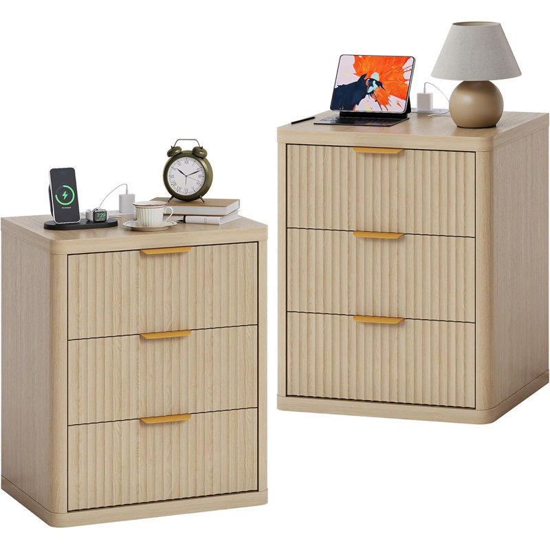 Fluted Nightstand with Charging Station, 1-3 Drawers for Bedroom & Living Room, Set of 2, Brown