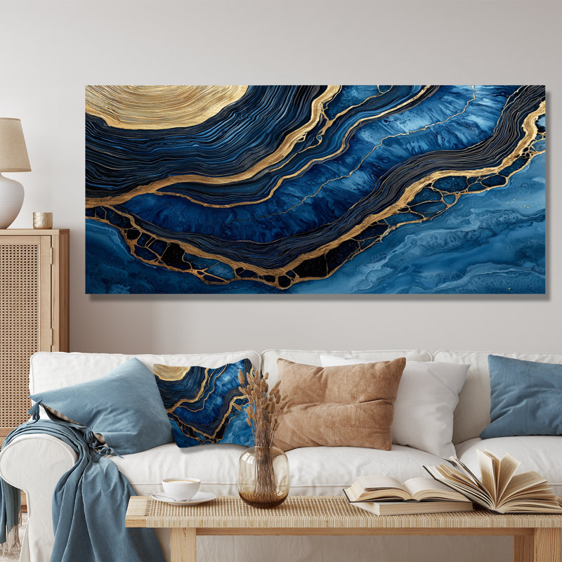 Géode aqua et spirale en bois II - impression de cristaux sur métal, H 28 po x l 60 po