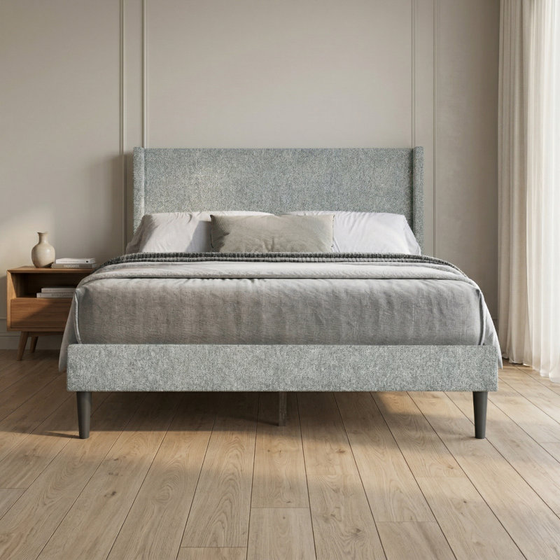 Bangor Queen Upholstered Wingback Platform Bed, Light Gray, Queen