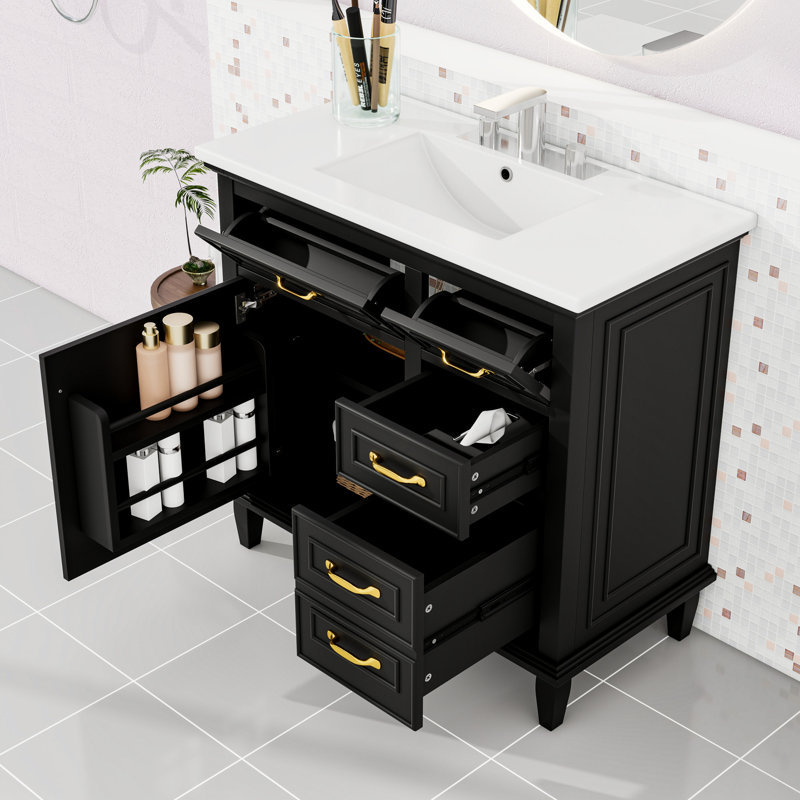 Meuble-lavabo de salle de bain avec lavabo, tablette réglable, tiroirs rabattables et porte à fermeture en douceur, Noir
