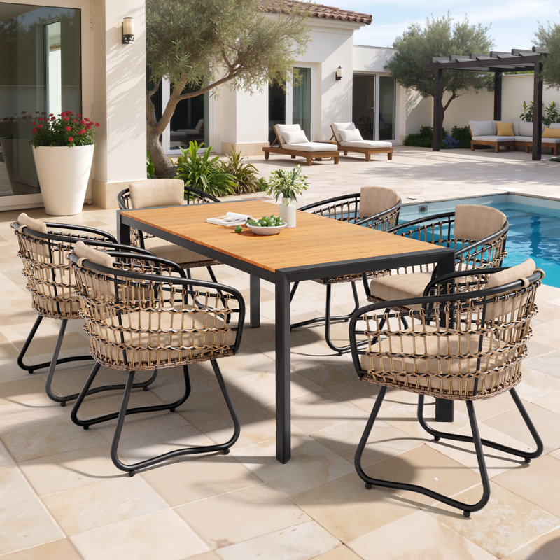 6 - Person Aluminum Patio Dining Set With Rattan Chairs And Umbrella Hole, Beige Cushion/Brown Table Top