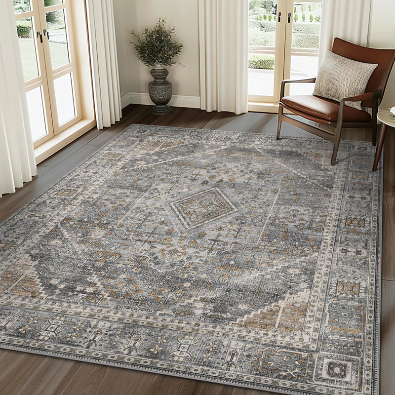 Oriental Area Rug, Washable Low Pile Vintage Area Rug, Rectangle 120 x 170 cm