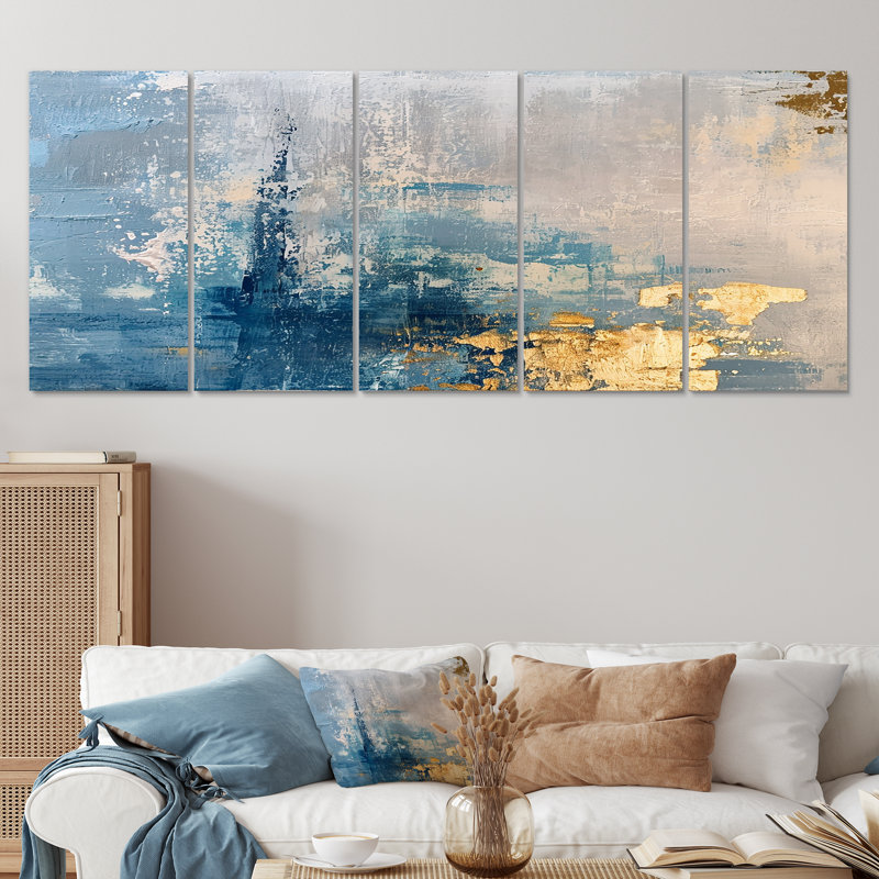 Tender Gold On Grunge Blue - Abstract Wall Art Decor Set 5 Piece, H 28 po x l 60 po