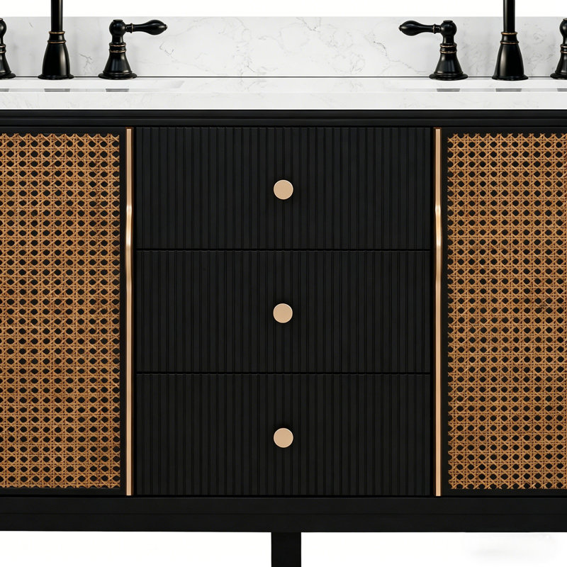 Ensemble de meuble-lavabo autoportant en bois massif 60 po Mid-Century avec plateau en marbre 60 po, Noir, noir, noir, noir