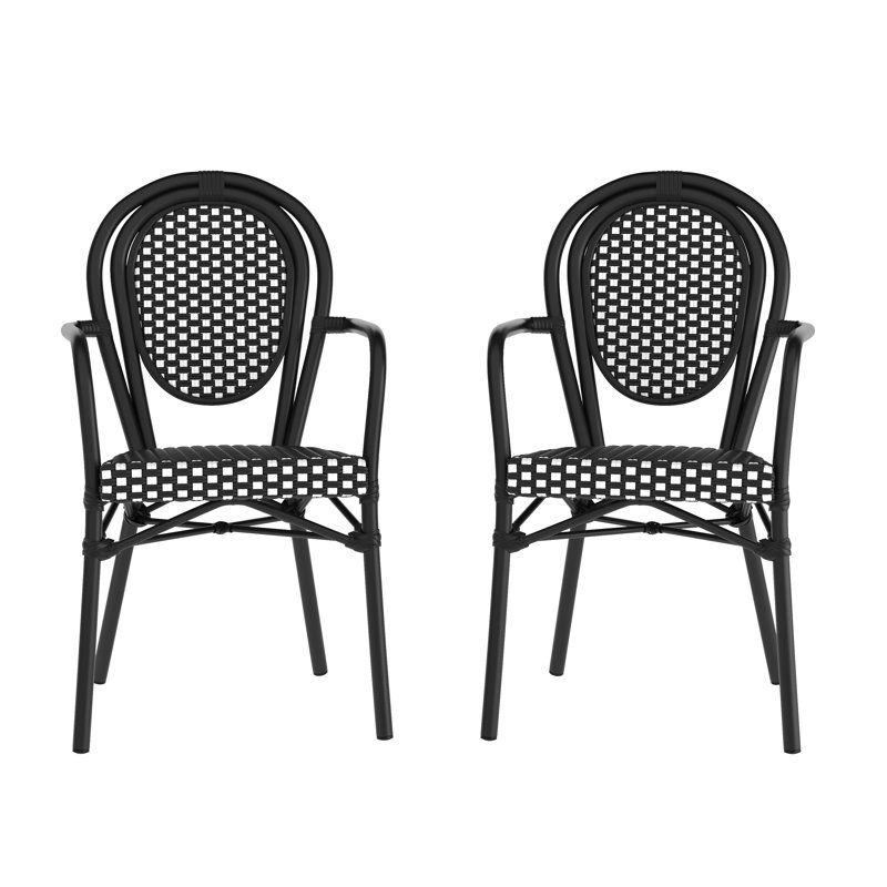 Damore All-Weather Commercial Paris Chairs with Arms and Metal Frames, Black/White