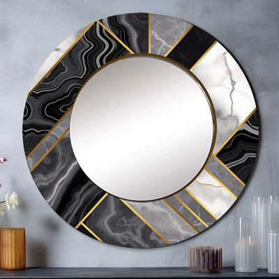Marbre granit agate avec des touches d'or V - miroir mural géométrique, miroir décoratif rond moderne, impression d'art en métal