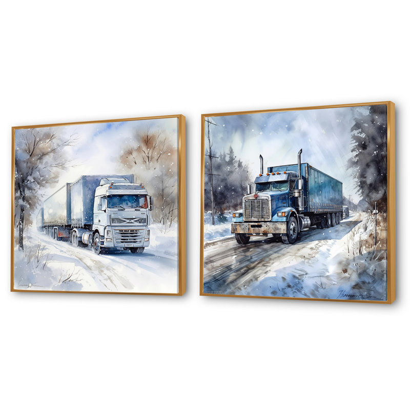 Charme de remorque de camion en hiver - ensemble de 3 collages carrés, Cadre flottant doré, H 16 po x l 33 po
