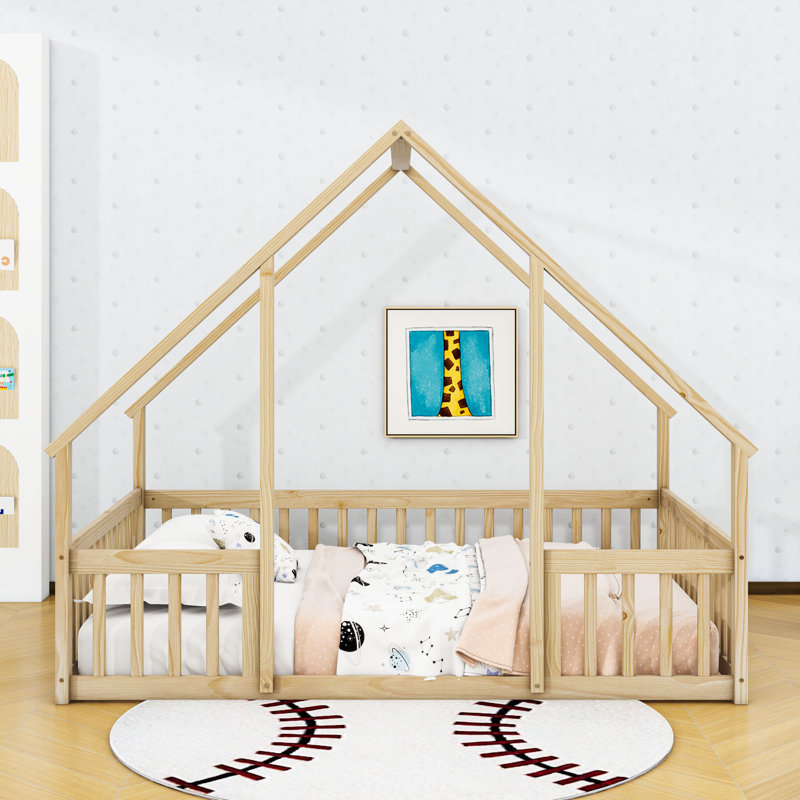 Wood House-Shaped Floor Bed With Guardrails, Natural, Full