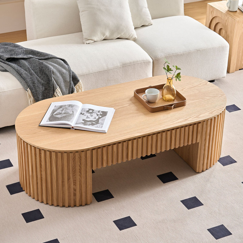 Table basse ovale avec tiroir, table basse moderne Mid-Century, Chêne