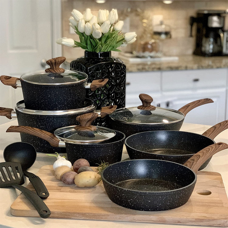 Granite Black 12-Piece Nonstick Induction Cookware Set with Wood Handles
