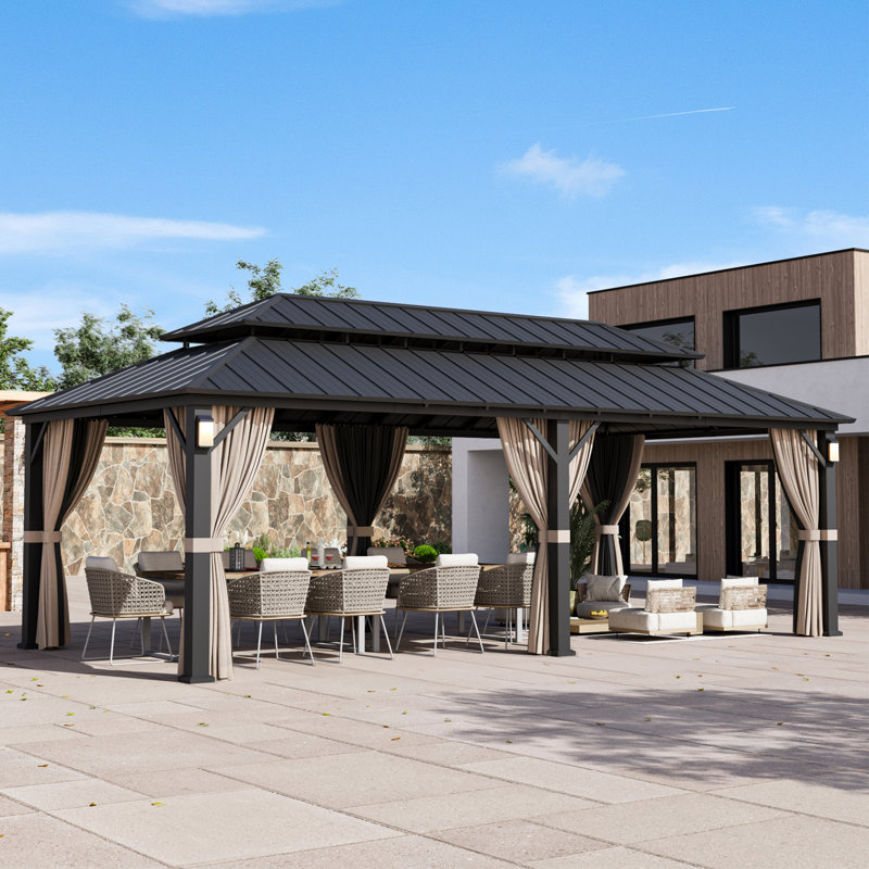 Hamilton 12 FT. x 24 FT. Hard Top Gazebo With Solar Self Powered LED Lights, Mosquito Netting And Canopy Hook, Matte Black