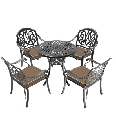 Black Patio Furniture - 5 Cast Aluminum, Weather , Stackable Chairs With Cushions , Comfortable Cushions, Ideal For Outdoor Use