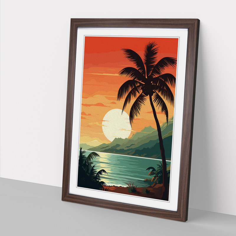 Palm Tree Art Deco - Single Picture Frame Print on Wood, Walnut Framed, 64cm H x 46cm W