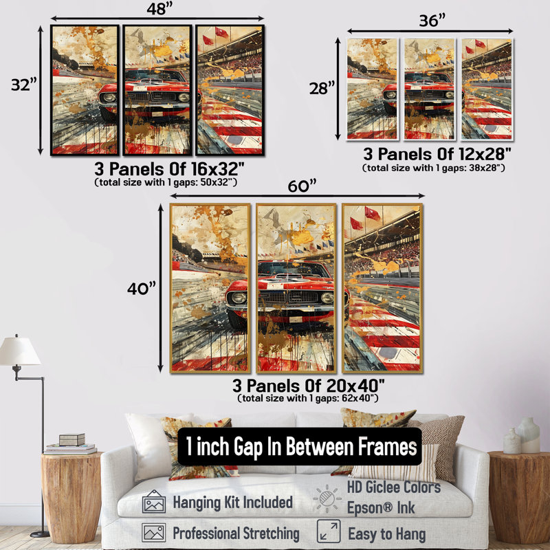 Drapeau américain de couleur rétro Muscle Race VI - ensemble d'art mural, Toile avec cadre flottant noir