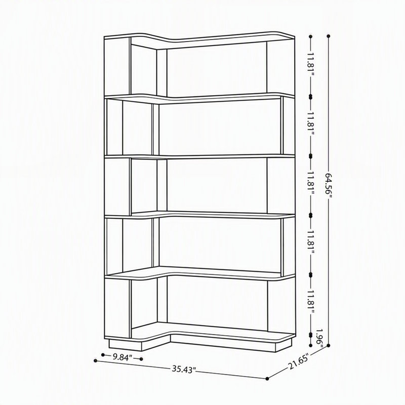 Bibliothèque d'angle en L à 5 niveaux, 90 cm de hauteur, avec panneau anti-chute et structure en bois anti-basculement.